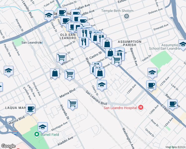 map of restaurants, bars, coffee shops, grocery stores, and more near 2101 Washington Avenue in San Leandro