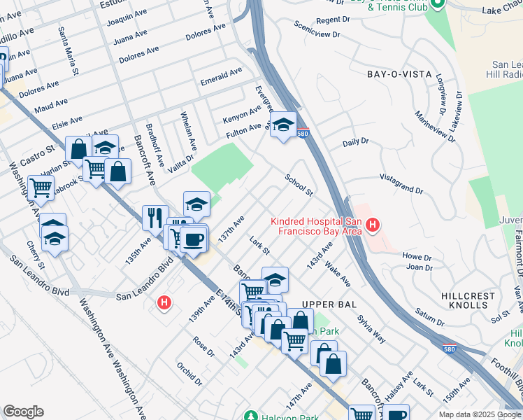 map of restaurants, bars, coffee shops, grocery stores, and more near 1657 138th Avenue in San Leandro