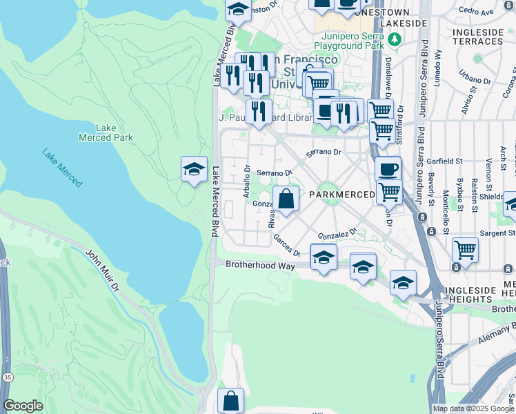 map of restaurants, bars, coffee shops, grocery stores, and more near 823-829 Gonzalez Drive in San Francisco