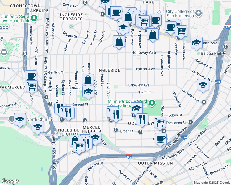 map of restaurants, bars, coffee shops, grocery stores, and more near Orizaba Ave & Thrift St in San Francisco
