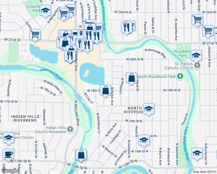 map of restaurants, bars, coffee shops, grocery stores, and more near 1915 North Porter Avenue in Wichita
