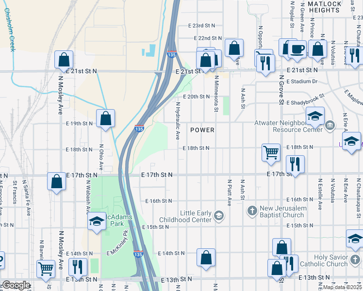 map of restaurants, bars, coffee shops, grocery stores, and more near 1902 North Hydraulic Avenue in Wichita