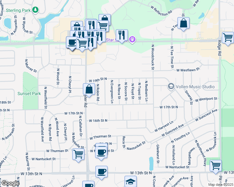 map of restaurants, bars, coffee shops, grocery stores, and more near 1837 North Reca Street in Wichita