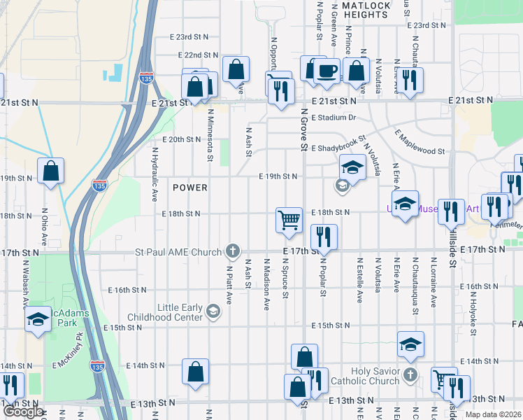 map of restaurants, bars, coffee shops, grocery stores, and more near 1901 North Madison Avenue in Wichita