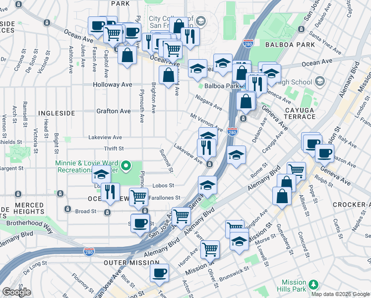 map of restaurants, bars, coffee shops, grocery stores, and more near 242 Lakeview Avenue in San Francisco