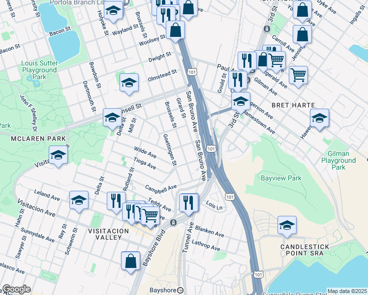 map of restaurants, bars, coffee shops, grocery stores, and more near 1201 Brussels Street in San Francisco