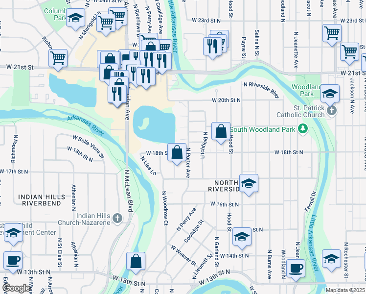 map of restaurants, bars, coffee shops, grocery stores, and more near 1533 West Arizona Street in Wichita