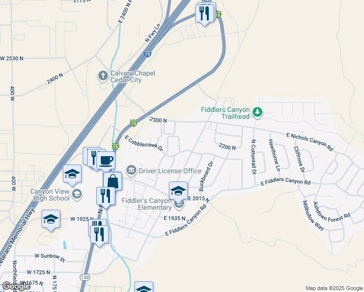 map of restaurants, bars, coffee shops, grocery stores, and more near 2206 Chandler Drive in Cedar City