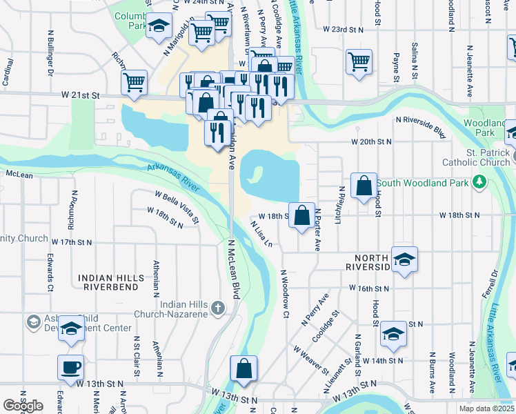 map of restaurants, bars, coffee shops, grocery stores, and more near 1828 West 18th Street North in Wichita