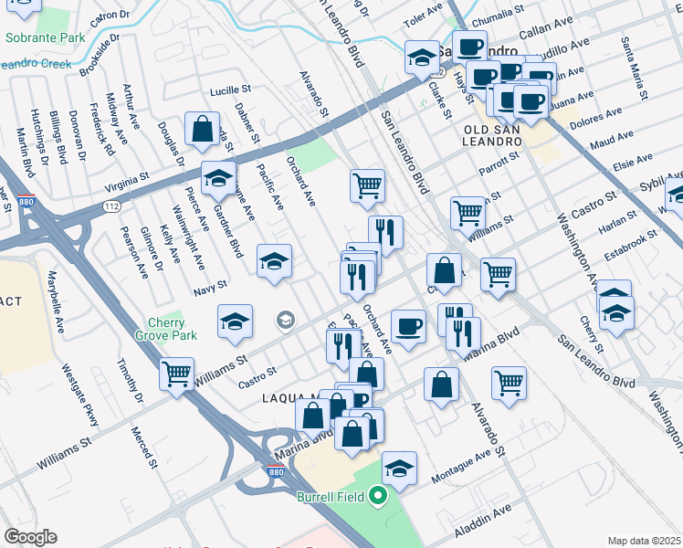 map of restaurants, bars, coffee shops, grocery stores, and more near 1671 Orchard Avenue in San Leandro