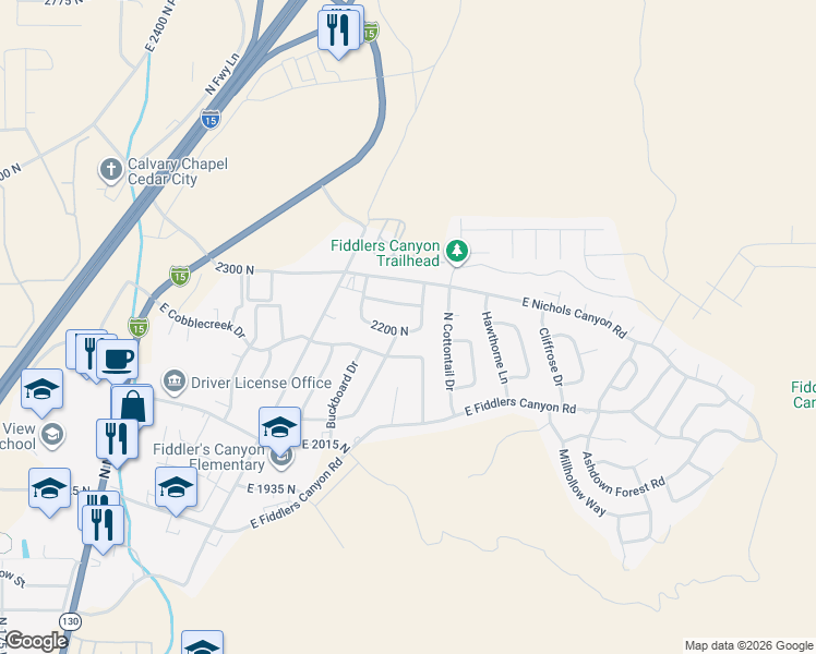 map of restaurants, bars, coffee shops, grocery stores, and more near 765 2200 North in Cedar City