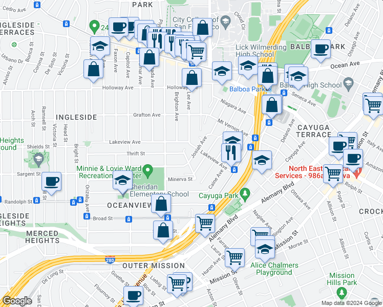map of restaurants, bars, coffee shops, grocery stores, and more near 134 Josiah Avenue in San Francisco
