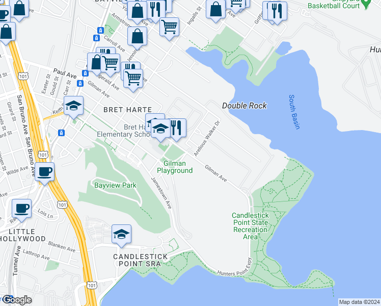 map of restaurants, bars, coffee shops, grocery stores, and more near 2928 Arelious Walker Drive in San Francisco