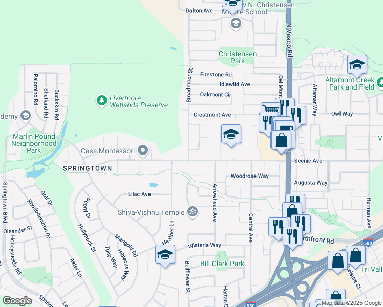 map of restaurants, bars, coffee shops, grocery stores, and more near 5509 Berwind Avenue in Livermore