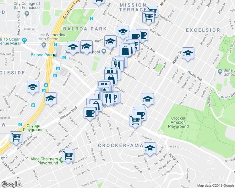 map of restaurants, bars, coffee shops, grocery stores, and more near 743 London Street in San Francisco