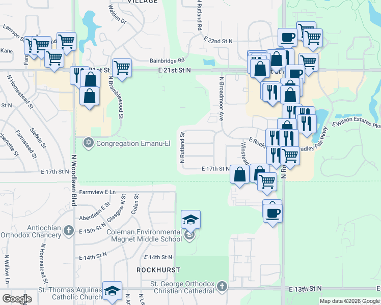 map of restaurants, bars, coffee shops, grocery stores, and more near 7116 Chelsea Street in Wichita