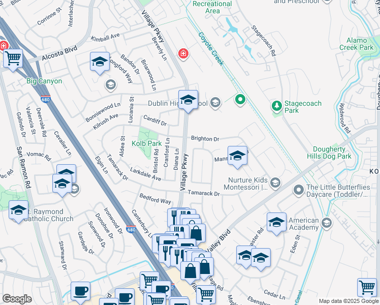 map of restaurants, bars, coffee shops, grocery stores, and more near 7738 Frederiksen Lane in Dublin