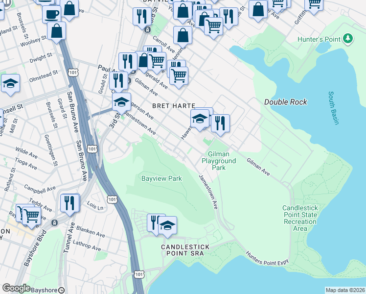 map of restaurants, bars, coffee shops, grocery stores, and more near 878 Jamestown Avenue in San Francisco