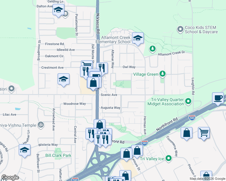 map of restaurants, bars, coffee shops, grocery stores, and more near 6177 Fieldstone Drive in Livermore