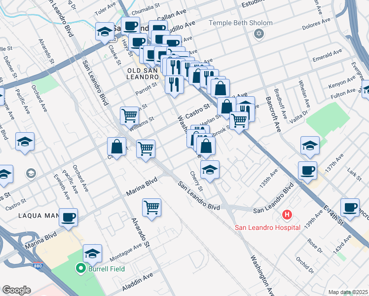 map of restaurants, bars, coffee shops, grocery stores, and more near 250 Estabrook Street in San Leandro