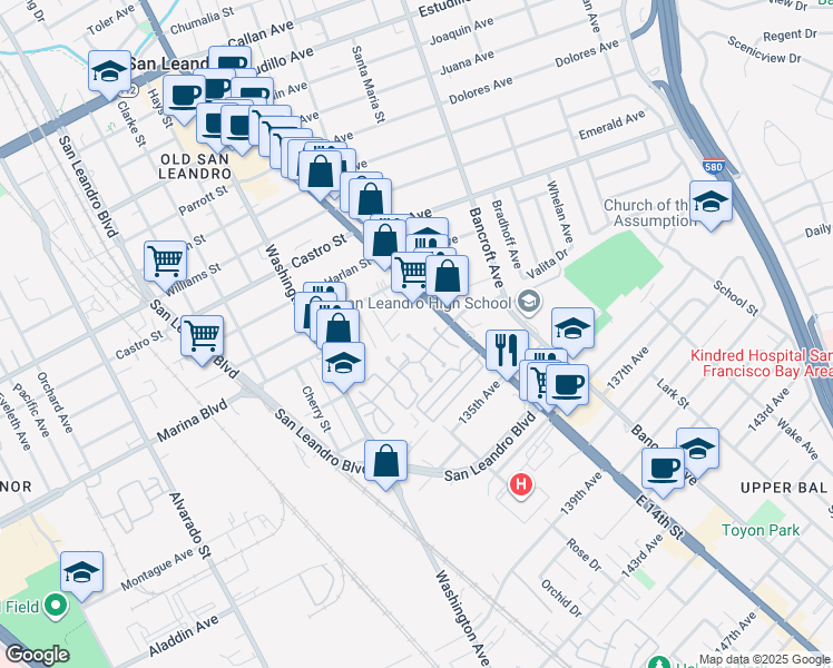 map of restaurants, bars, coffee shops, grocery stores, and more near 2211 Croyden Place in San Leandro
