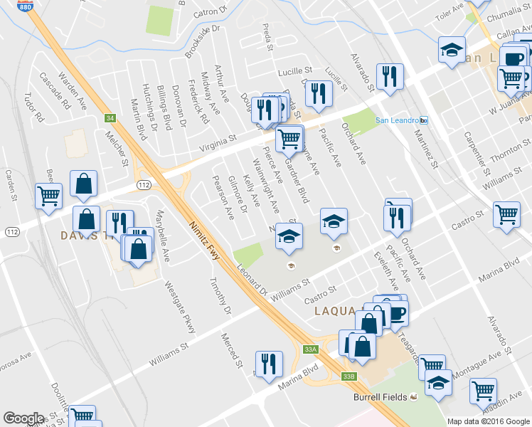 map of restaurants, bars, coffee shops, grocery stores, and more near 1536 Kelly Avenue in San Leandro