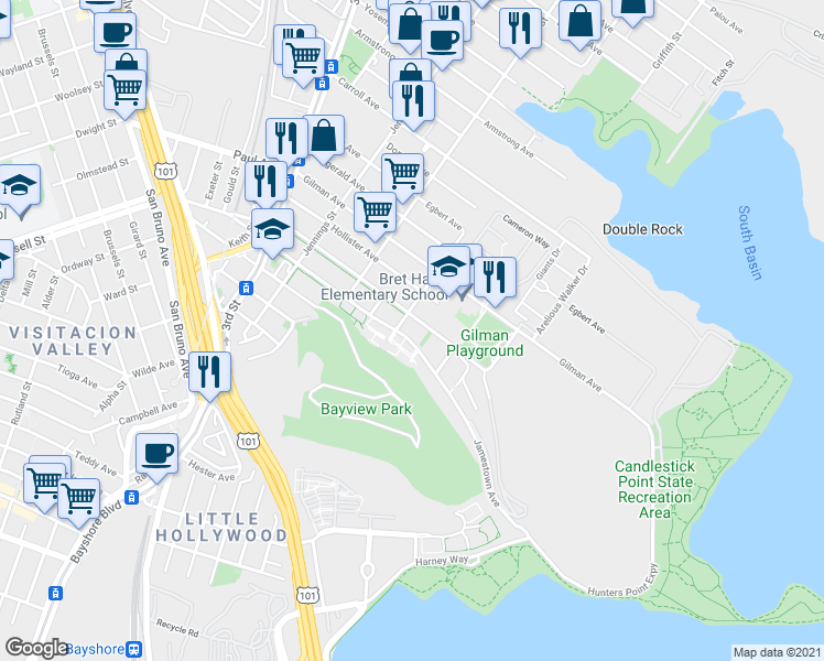 map of restaurants, bars, coffee shops, grocery stores, and more near 878 Jamestown Avenue in San Francisco