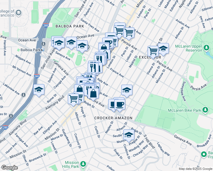 map of restaurants, bars, coffee shops, grocery stores, and more near 245 Italy Avenue in San Francisco