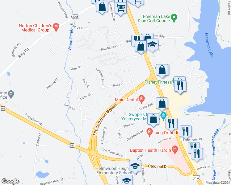 map of restaurants, bars, coffee shops, grocery stores, and more near 1105 Amanda Jo Drive in Elizabethtown