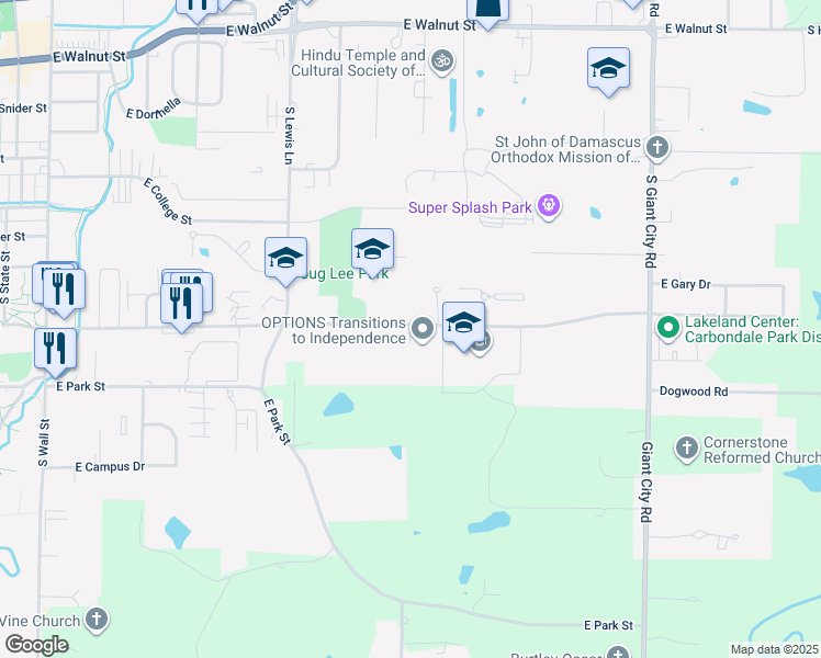 map of restaurants, bars, coffee shops, grocery stores, and more near 1225 East Grand Avenue in Carbondale