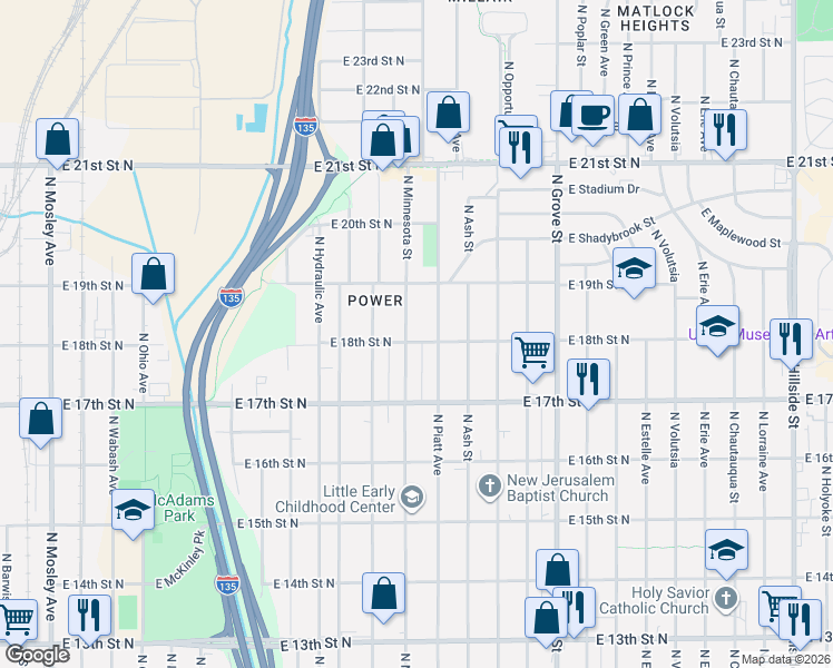 map of restaurants, bars, coffee shops, grocery stores, and more near 1902-1906 North Minnesota Street in Wichita