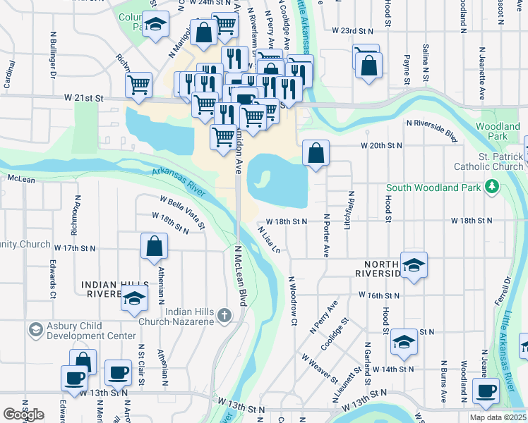 map of restaurants, bars, coffee shops, grocery stores, and more near 1828 W 18th St N in Wichita