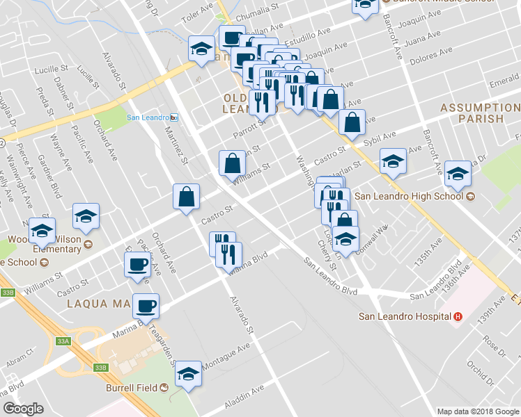 map of restaurants, bars, coffee shops, grocery stores, and more near 496 Harlan Street in San Leandro