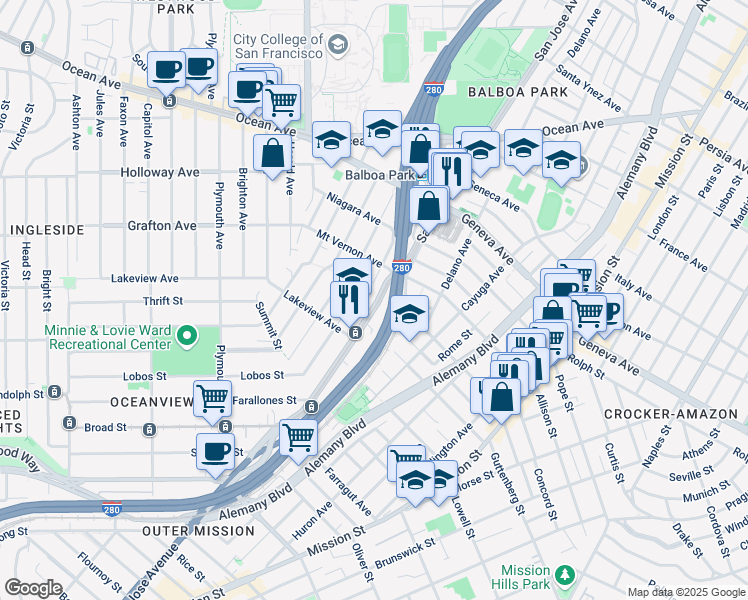 map of restaurants, bars, coffee shops, grocery stores, and more near 2544 San Jose Avenue in San Francisco