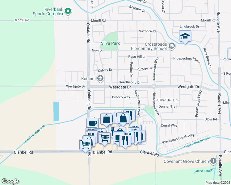 map of restaurants, bars, coffee shops, grocery stores, and more near 5453 Corbett Court in Riverbank