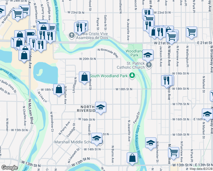 map of restaurants, bars, coffee shops, grocery stores, and more near 1914 North Salina Avenue in Wichita