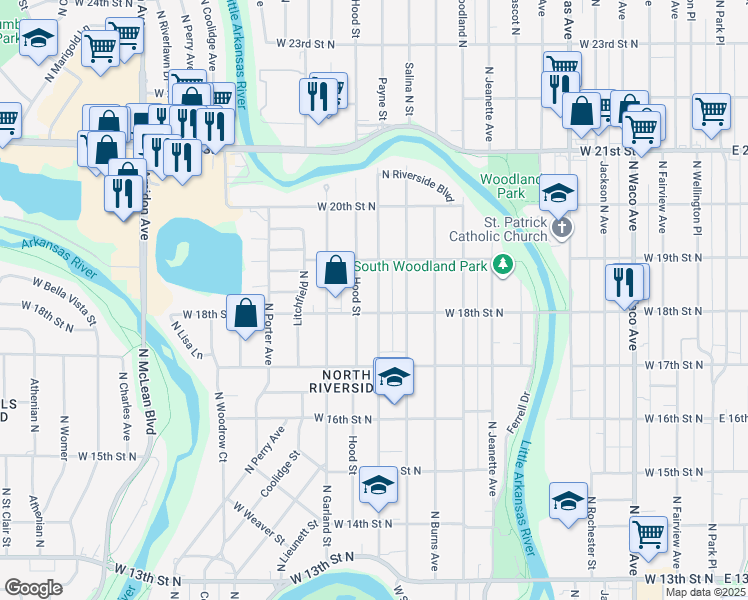 map of restaurants, bars, coffee shops, grocery stores, and more near 1915 Payne Street in Wichita