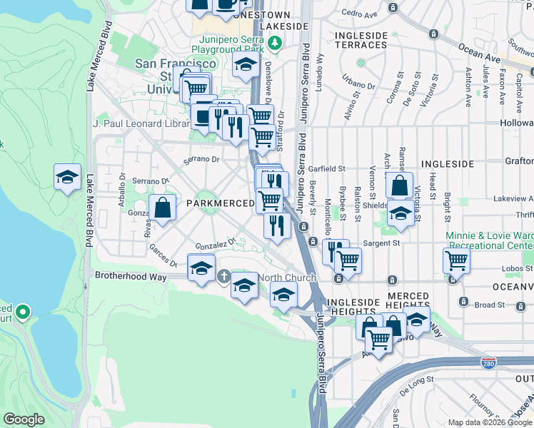 map of restaurants, bars, coffee shops, grocery stores, and more near Cambon Drive in San Francisco