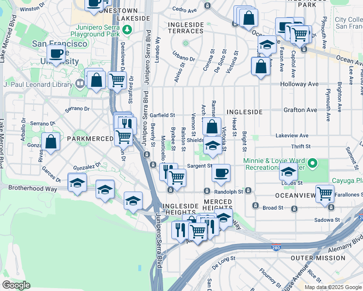 map of restaurants, bars, coffee shops, grocery stores, and more near 279 Ralston Street in San Francisco