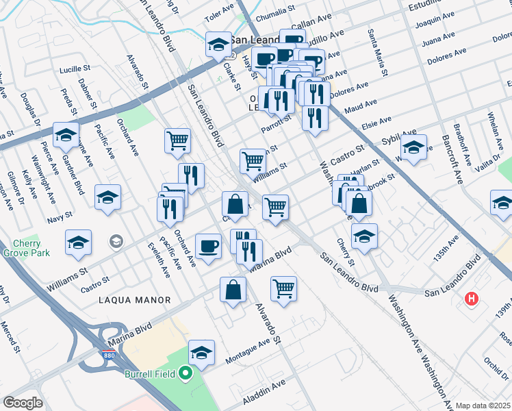 map of restaurants, bars, coffee shops, grocery stores, and more near 591 Castro Street in San Leandro
