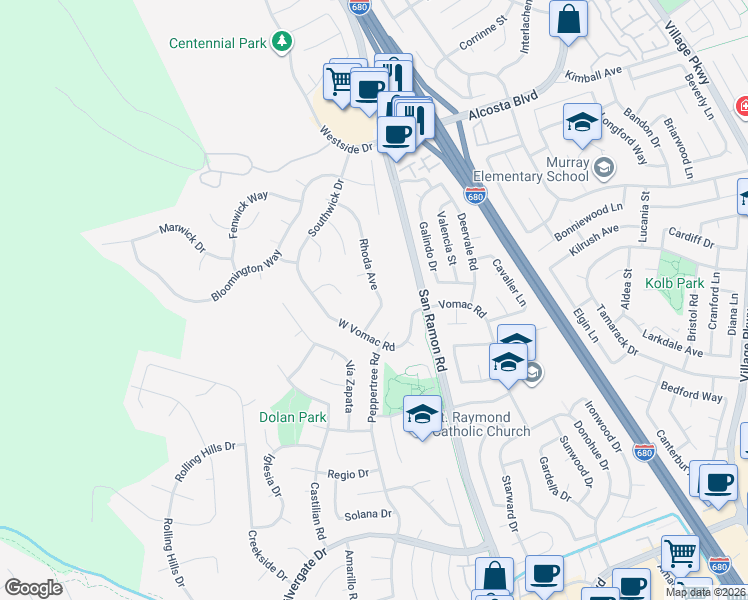 map of restaurants, bars, coffee shops, grocery stores, and more near 8240 Rhoda Avenue in Dublin