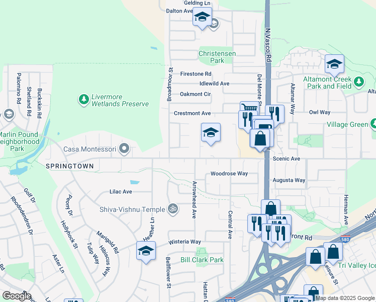 map of restaurants, bars, coffee shops, grocery stores, and more near 5573 Berwind Avenue in Livermore