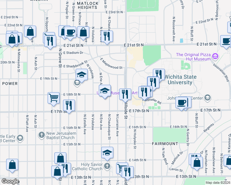 map of restaurants, bars, coffee shops, grocery stores, and more near 1901 North Lorraine in Wichita