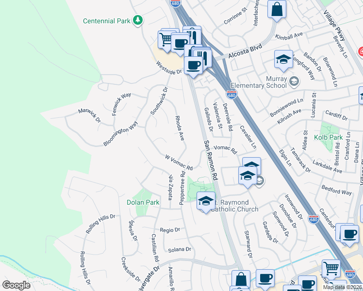 map of restaurants, bars, coffee shops, grocery stores, and more near 8240 Rhoda Avenue in Dublin