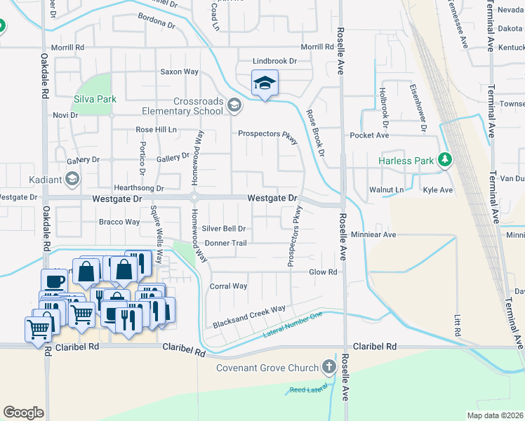 map of restaurants, bars, coffee shops, grocery stores, and more near 5457 Claimstake Court in Riverbank