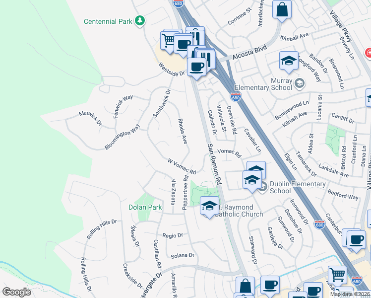 map of restaurants, bars, coffee shops, grocery stores, and more near 8237 Rhoda Avenue in Dublin