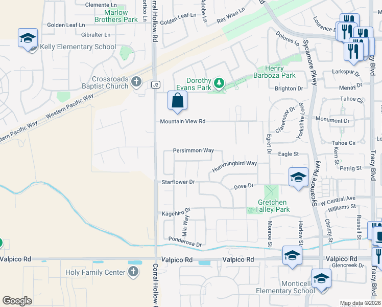 map of restaurants, bars, coffee shops, grocery stores, and more near 1860 Persimmon Way in Tracy