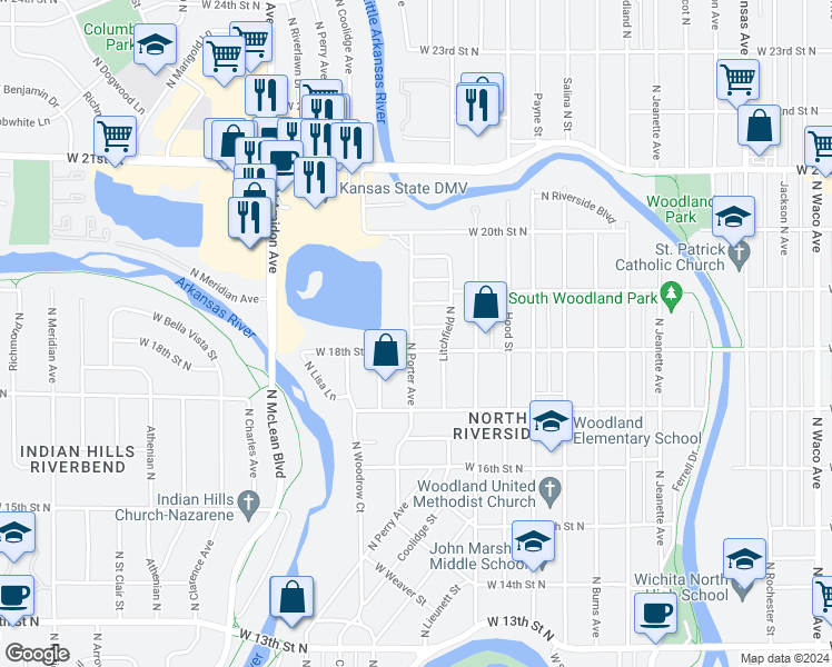 map of restaurants, bars, coffee shops, grocery stores, and more near 1533 West Arizona Street in Wichita
