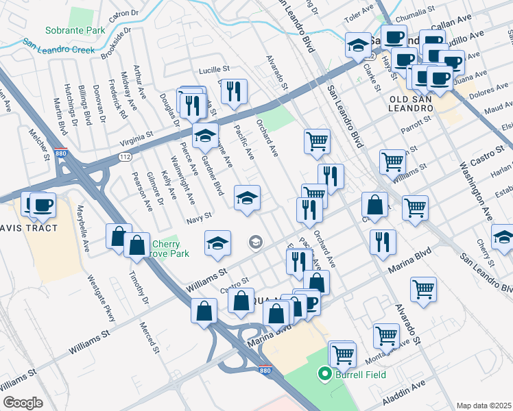 map of restaurants, bars, coffee shops, grocery stores, and more near 1644 Wayne Avenue in San Leandro