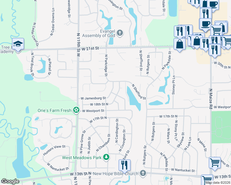 map of restaurants, bars, coffee shops, grocery stores, and more near 1917 North Covington Street in Wichita